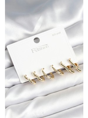 Datatek Pirinç Gold Renk Kalp Yıldız ve Halka Model 925 Ayar Gümüş Çivili Kadın Küpe Seti