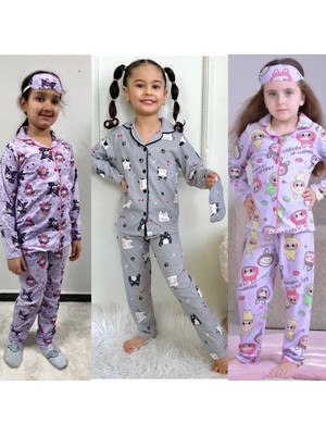 Yağmur Giyim Pjkö 3 Adet Karışık Desenli Uzun Kollu Önden Düğmeli Kız Çocuk Pijama Takımı 4-5 Yaş 1012U