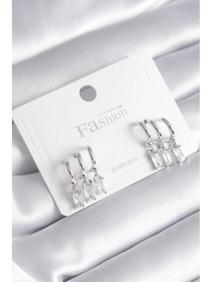 Datatek Pirinç Gümüş Renk 3'lü Sallantı Zirkon Taşlı Küpe