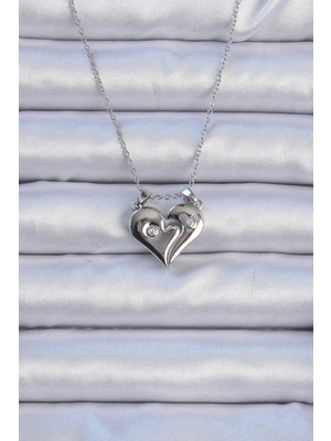 Datatek 316L Çelik Zincir Gümüş Renk Zirkon Taşlı Mıknatıslı Kalp Kolye