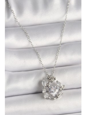 Datatek 316L Çelik Gümüş Renk Zincir Zirkon Taşlı Kalp Figür Gül Detay Kadın Kolye