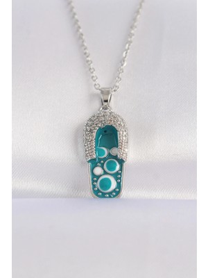 Datatek 316L Çelik Zincir Zirkon Taşlı Gümüş Renk Nazarlı Terlik Tasarımlı Kolye