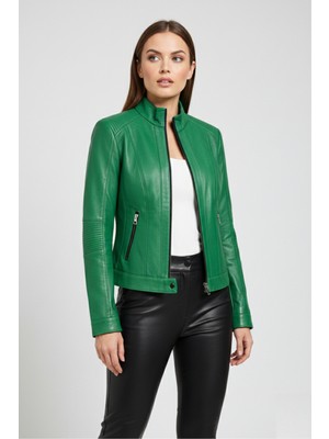 Deriderim Yeşil Sharon Fermuarlı Astarlı Kısa Omuzda Ve Kolda Dikişli Dar Kesim Kadın Hakiki Deri Mont