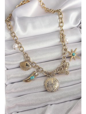 Datatek 316L Çelik Gold Renk Zincir Sallantılı Çoklu Figür Model Kadın Kolye