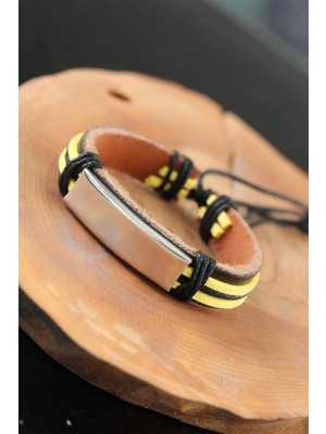 Datatek Metal Aksesuarlı Sarı Siyah Renk Deri Erkek Bileklik