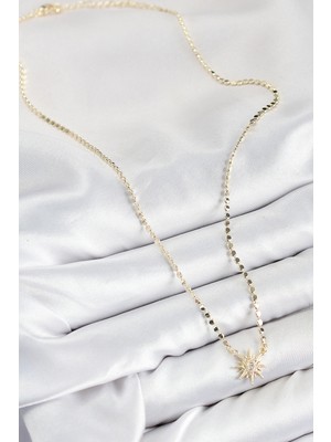 Datatek Pirinç Zirkon Taşlı Kutup Yıldızı Model Ezme Zincir Gold Renk Kadın Kolye