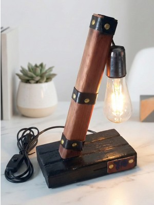 Woodylight Rustik El Yapımı Masif Ahşap Masa Lambası - Retro Edison Tasarım Dekoratif Gece Lambası