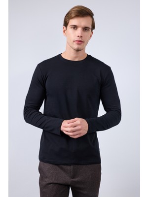 JustBoga Premium Uzun Kollu T-Shirt Siyah Erkek Rahat Kullanım %95 Pamuk - %5 Likra