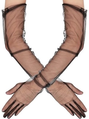 Renklime Uzun Boy Likralı Siyah Yetişkin Mega Tül Eldiven