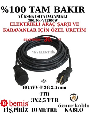 Öznur Seyyar Uzatma 10 Metre 3x2,5 HO5VV-F (Ttr) 10 Metre %100 Tam Bakır Seyyar Kablo Karavan,araç Şarj ve Endüstriyel Makinlerle Uyumludur