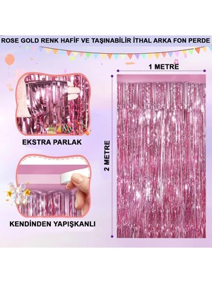 Renklime Ekstra Metalize Parlak Saçaklı Arka Fon Perde Rose Gold