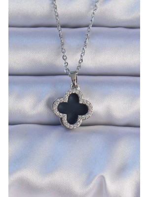 Datatek 316L Çelik Gümüş Renk Siyah Mineli Zirkon Taşlı Yonca Figürlü Kolye