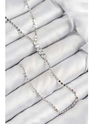 Renklime Pirinç Zirkon Taşlı Ezme Zincirli Model Gümüş Renk Y Kolye