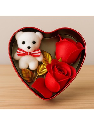 Seymen Bıçakçılık Kalpli Metal Hediye Kutusu – Peluş Ayıcık ve Kırmızı Gül Seti, Romantik Sevgililer Günü Hediyesi