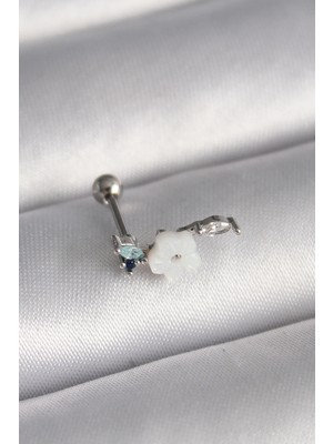 Renklime 316L Çelik Gümüş Renk Zirkon Taş Detay Beyaz Çiçek Model Tragus Piercing