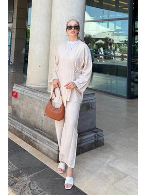 Tesettür Diyarı Mivan Ikili Yazlık Kimono Takım-Bej