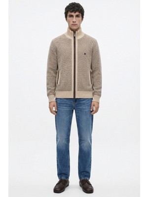 Sementa Erkek Dik Yaka Fermuarlı Triko Hırka - Bej - Kahverengi