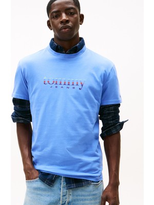 Tommy Jeans Bisiklet Yaka Baskılı Mavi Erkek T-Shirt DM0DM22333C58 Mavi T-Shirt