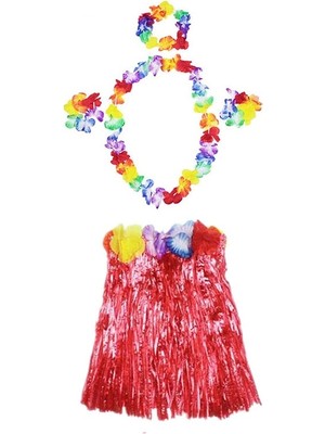 Datatek Hawaii  Kolye Etek Taç ve Bileklik Seti Kırmızı