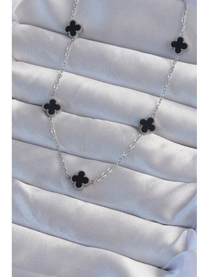 Renklime 316L Çelik Gümüş Renk Minimal Siyah Mineli Yonca Kolye