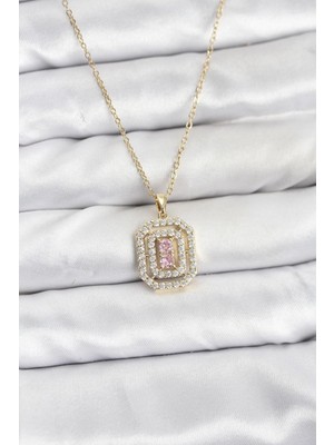 Datatek 316L Çelik Zincir Gold Renk Plaka Model Zirkon Taşlı Kadın Kolye