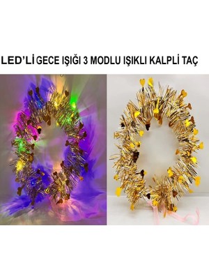 Renklime Kalp Püsküllü 3 Modlu LED Işıklı Taç Altın Renk