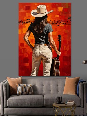 Tablomega Kovboy Şapkalı Kırmızı Arka Plan Dekoratif Kanvas - Mdf Ahşap Tablo