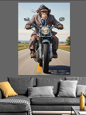 Tablomega Klasik Motosikletli Deri Ceketli Maymun Dekoratif Kanvas - Mdf Ahşap Tablo