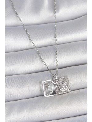 Datatek 316L Çelik Gümüş Renk Zincir Zirkon Taşlı Incili Açılır Elmas Model Kadın Kolye