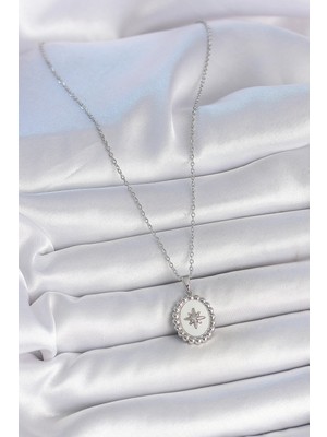 Datatek 316L Çelik Gümüş Renk Zincir Beyaz Mineli Kutup Yıldız Işlemeli Madalyon Model Kadın Kolye