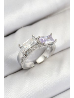 Renklime Pirinç Zirkon Taşlı Dikdörtgen Model Gümüş Renk Kadın Yüzük