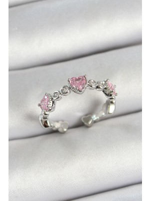 Renklime Pirinç Sıralı Kalp Figürlü Zirkon Taşlı Gümüş Renk Ayarlanabilir Kadın Yüzük