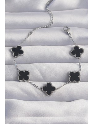 Renklime 316L Çelik Gümüş Renk Siyah Mineli Yonca Bileklik