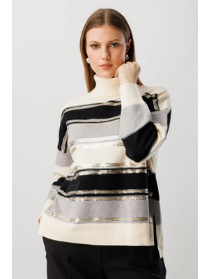 On Fashion Kadın Pul Deteylı Balıkçıl Yaka Triko Siyah Kazak 60319