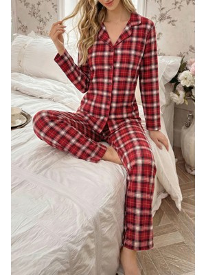 Düğme Kapanma Detaylı Kare Desenli Kadın Pijama Takımı
