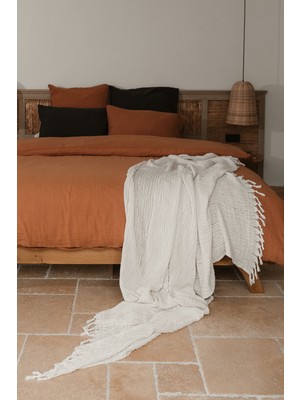 Barine Wrinkled Keten Karışımlı Koltuk Şalı, Battaniye Kırık Beyaz