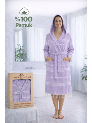 Luna %100 Pamuk Peştemal Bornoz Kapüşonlu Unisex- Lila