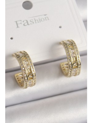 Renklime Pirinç Gold Renk Zirkon Taşlı Işleme Detay Halka Model Kadın Küpe