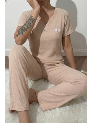 Madame Clara V Yaka Fiyonk Detaylı Yarım Kollu Kadın Pijama Takımı