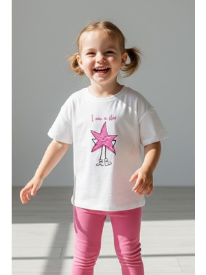 Monila Kız Çocuk Pamuklu Yıldız Baskılı T-Shirt ve Fitilli Tayt 2'li Takım