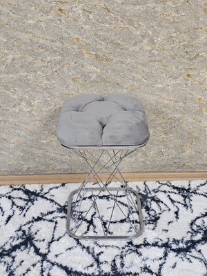 Sevinç Mobilya Kare Krom Kaplama Gri Puf & Bench - Puf Oturak - Bench - Ayak Ucu Oturak - Tabure - Makyaj Oturak