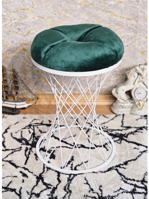 Sevinç Mobilya Yuvarlak Beyaz Boyalı Yeşil Puf Oturak - Bench - Ayak Ucu Oturak - Tabure - Makyaj Oturak