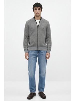 Sementa Erkek Dik Yaka Fermuarlı Triko Hırka - Gri - Siyah