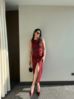 Laluvia Bordo Düğmeli Kemerli Gabardin Elbise - 5002