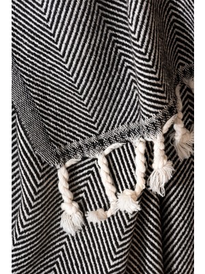 Barine Yünlü Balıksırtı Dokuma Koltuk Şalı Battaniye Siyah