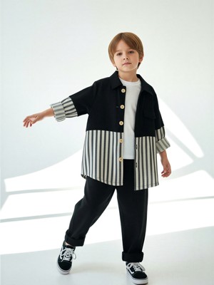 Catz Kids Siyah Keten Carrot Pantolon + Siyah Beyaz Çizgili Keten Retro Gömlek