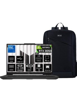 Asus Tuf Gaming F16 FX607VJ-RL016 Intel Core 5 210H 16GB 1 Tb SSD RTX3050 Windows 11 Pro 16" Taşınabilir Bilgisayar + Boz Çanta Hediyeli