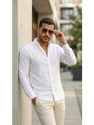 Flamex Erkek Uzun Kollu Rahat Keten Gömlek