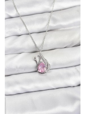 Renklime 316L Çelik Zincir Gümüş Renk Pembe Kuğu Model Zirkon Taşlı Kadın Kolye