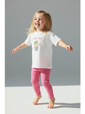Monila Kız Çocuk Pamuklu Ekru Baskılı T-Shirt ve Pembe Fitilli Tayt 2'li Takım